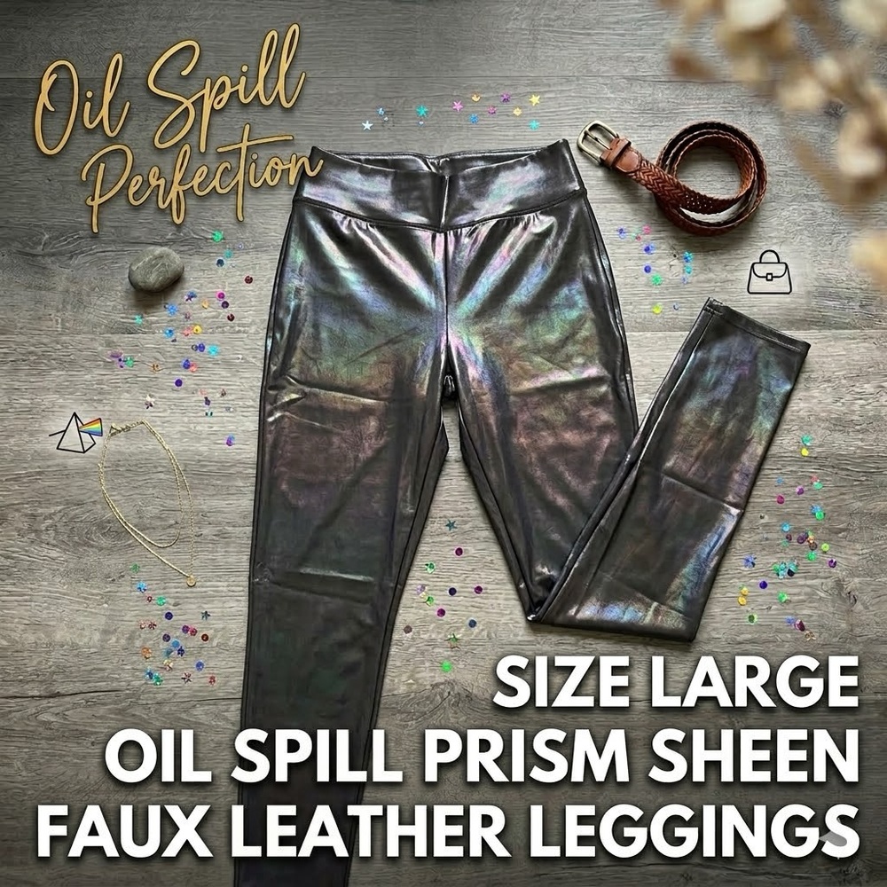 Shiny Faux Leather Leggings in Black Oil Prism size Large/XL